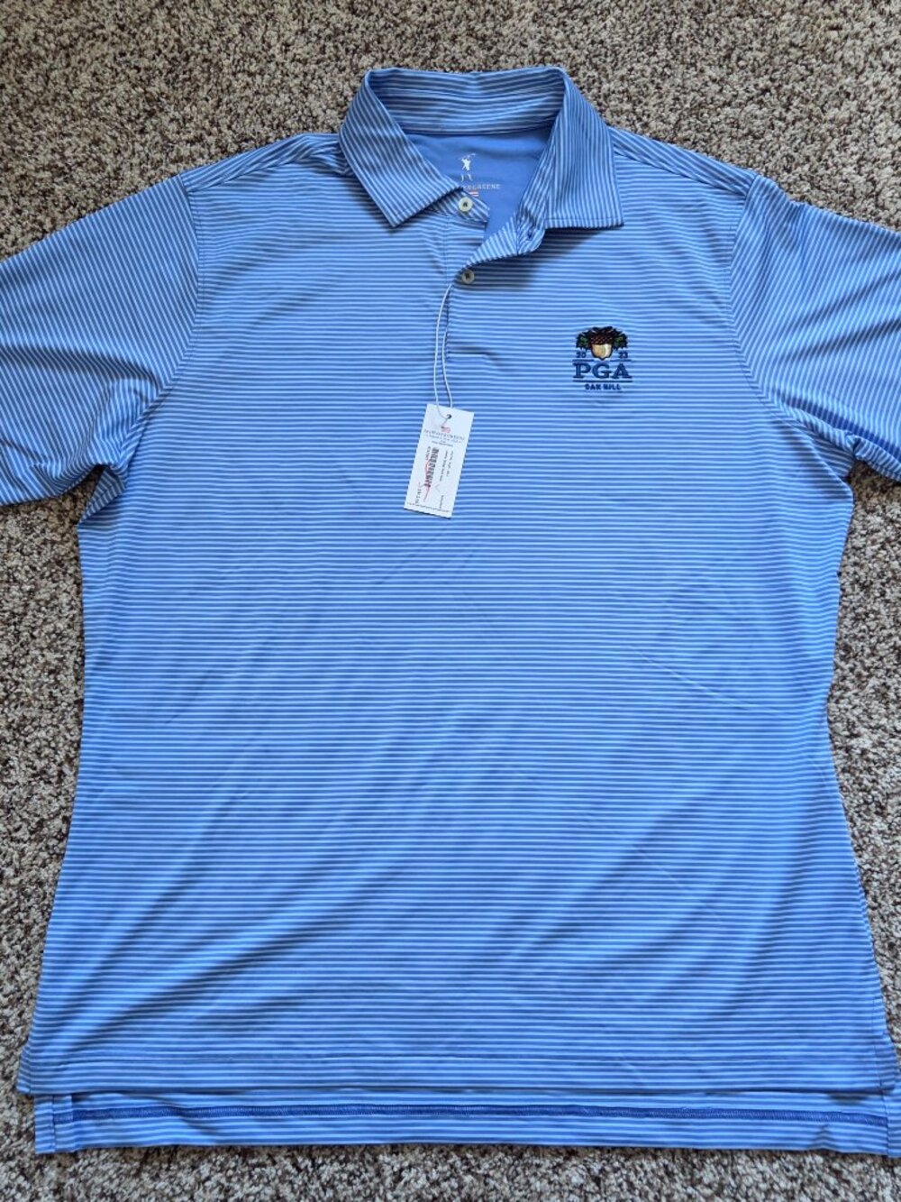 Fairway & Greene Owens Stripe Tech Polo Mens L Blue PGA Logo Stretch Golf NWT